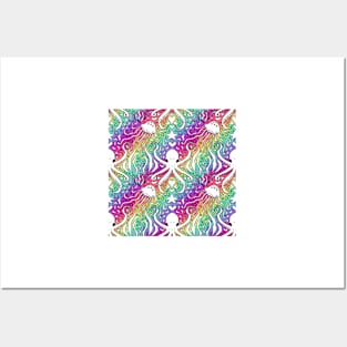 Rainbow Disco Octopus White on Swirls Posters and Art